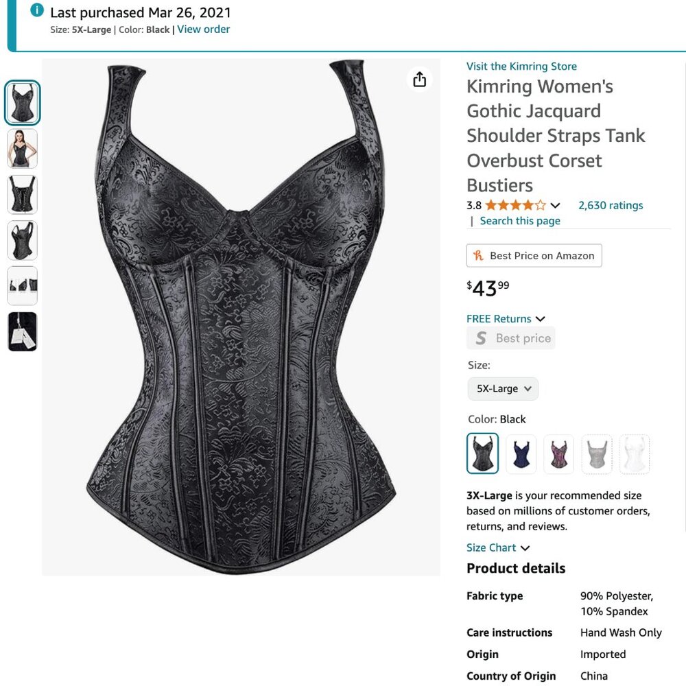 Black overbust corset w/ side zip (5XL, runs small)